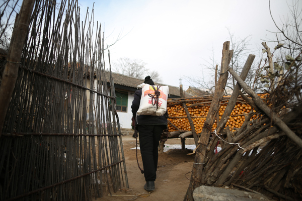 A man carries a packet of flour back to his house in Luotuowan village, Fuping County, Dec 31, 2013. Poor village gets $48 million after Xi's visit