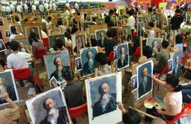 Painters compete during a facsimile match in Dafen Village, Shenzhen City, south China's Guangdong Province, Thursday, May 18, 2006. More than 110 contestants make facsimile of portrait or scenery oil painting in the timed game held in the village which is famous for its oil painting facsimile industry. [AP Photo]