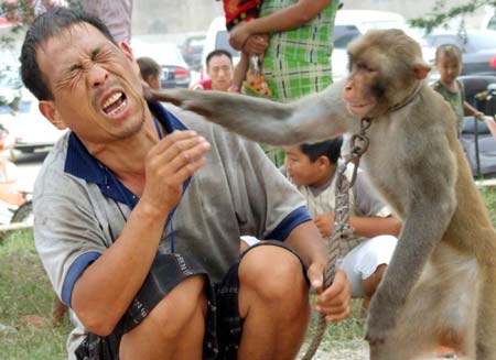 A ringmaster plays with a monkey during a circus in Xuzhou, East China's Jiangsu Province, July 20, 2006. [newsphoto]