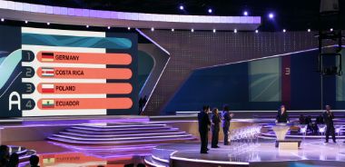 general view of the stage during the 2006 FIFA World Cup finals draw in Leipzig, eastern Germany, December 9, 2005. Germany, Costa Rica, Poland and Ecuador were drawn in Group A for the World Cup finals in Germany.