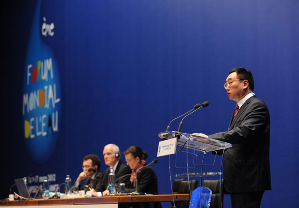 Chen Lei, Minister of Water Resources of the People’s Republic of China, delivers a speech during the 6th World Water Forum in Marseille, France, March 14, 2012. Memorandum of water resource cooperation signed