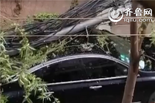 濟(jì)南：大風(fēng)刮倒信號(hào)塔 砸壞兩輛小轎車受損嚴(yán)重