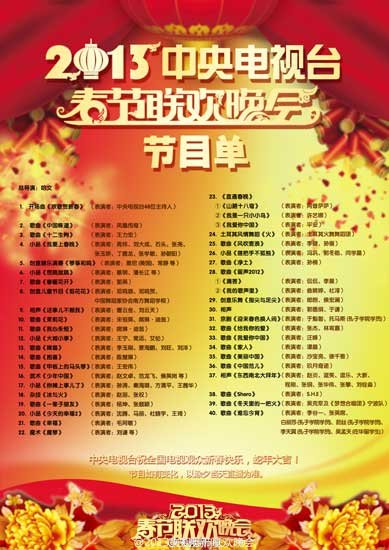 蛇年春晚最終節(jié)目單曝光 未現(xiàn)李云迪名字(圖)