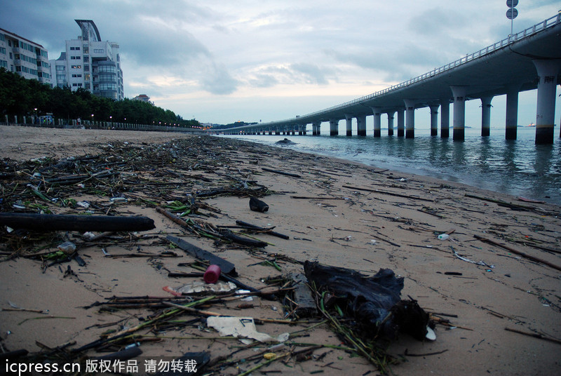 大批垃圾借臺風蘇力“入侵”廈門 海灘變“垃圾場”