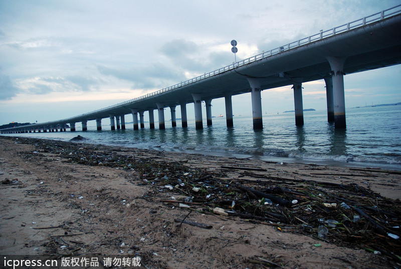 大批垃圾借臺(tái)風(fēng)蘇力“入侵”廈門(mén) 海灘變“垃圾場(chǎng)”