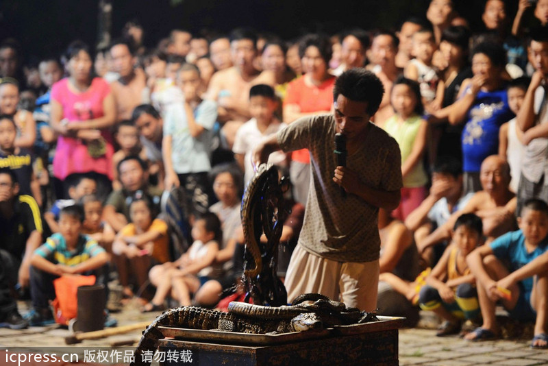 江湖雜技團借演出賣“靈藥” 稱“靈藥”中浸泡鱷魚、毒蛇等藥材
