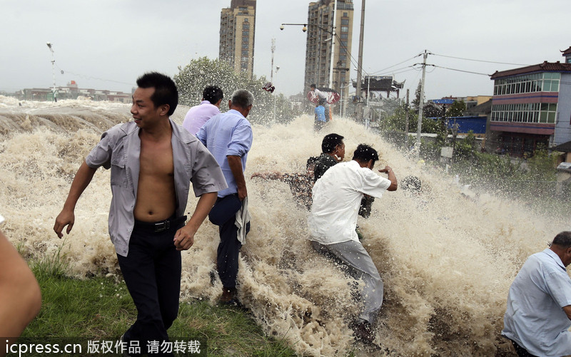 浙江海寧：高潮位達6.60米“回頭潮”席卷錢塘江鹽倉一帶 打翻數(shù)百名游客