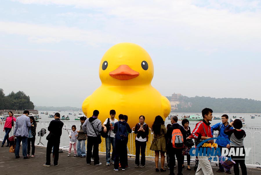 數(shù)萬(wàn)名中外游客冒雨進(jìn)頤和園看“大黃鴨”