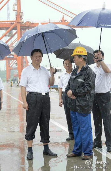 習(xí)近平冒雨考察武漢新港