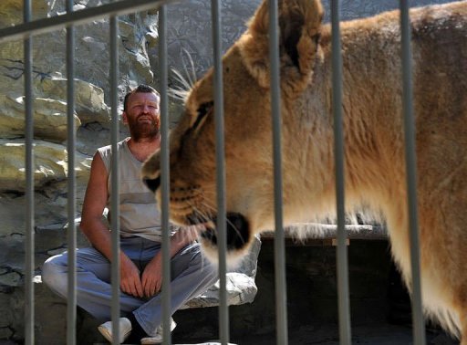 為動物園籌措資金 烏克蘭馴獸師與兩猛獅生活一個(gè)月
