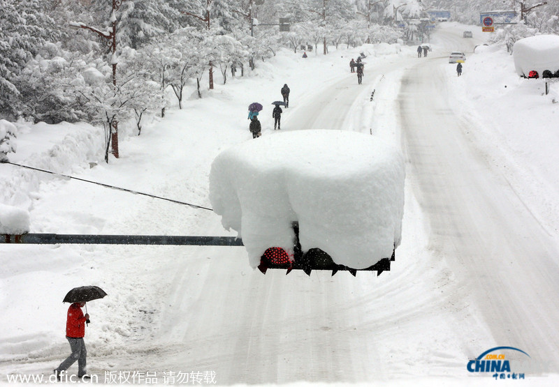 韓國暴雪持續(xù)5日 汽車被埋紅綠燈遭積雪覆蓋