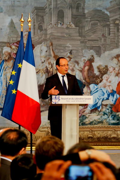 French President Francois Hollande speaks to the Asian community at a reception to celebrate the Chinese New Year at Elysee Palace. Hollande addresses Chinese New Year party