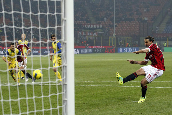 Zlatan Ibrahimovic scored twice, including his 100th Serie A goal, in AC Milan's embarrassingly one-sided 4-0 win over Chievo on Sunday. Centurion Ibrahimovic inspires Milan rout