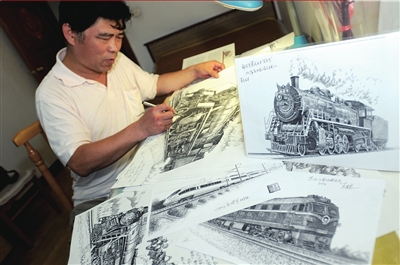 鋼筆畫火車迎國(guó)慶